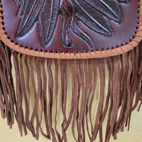 Native American Chief Head Crossbody Fringed Purse Genuine Leather Embossed Brow - Picture 16 of 16